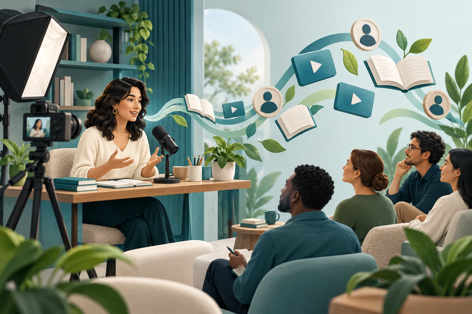 Illustration of an educator connecting a recording studio with a community of learners.