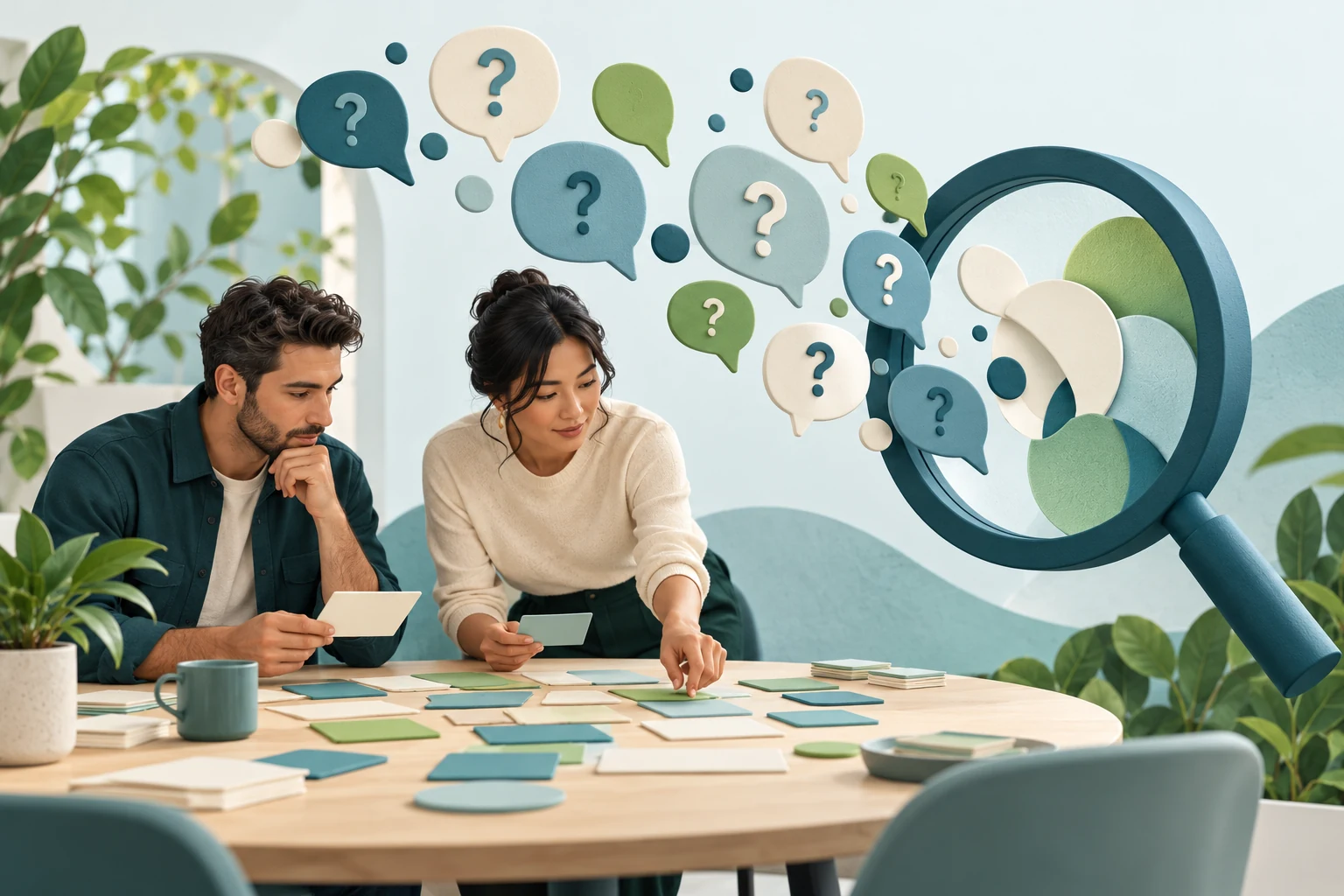 Illustration of a team examining questions and contribution cards through a magnifying-glass metaphor.
